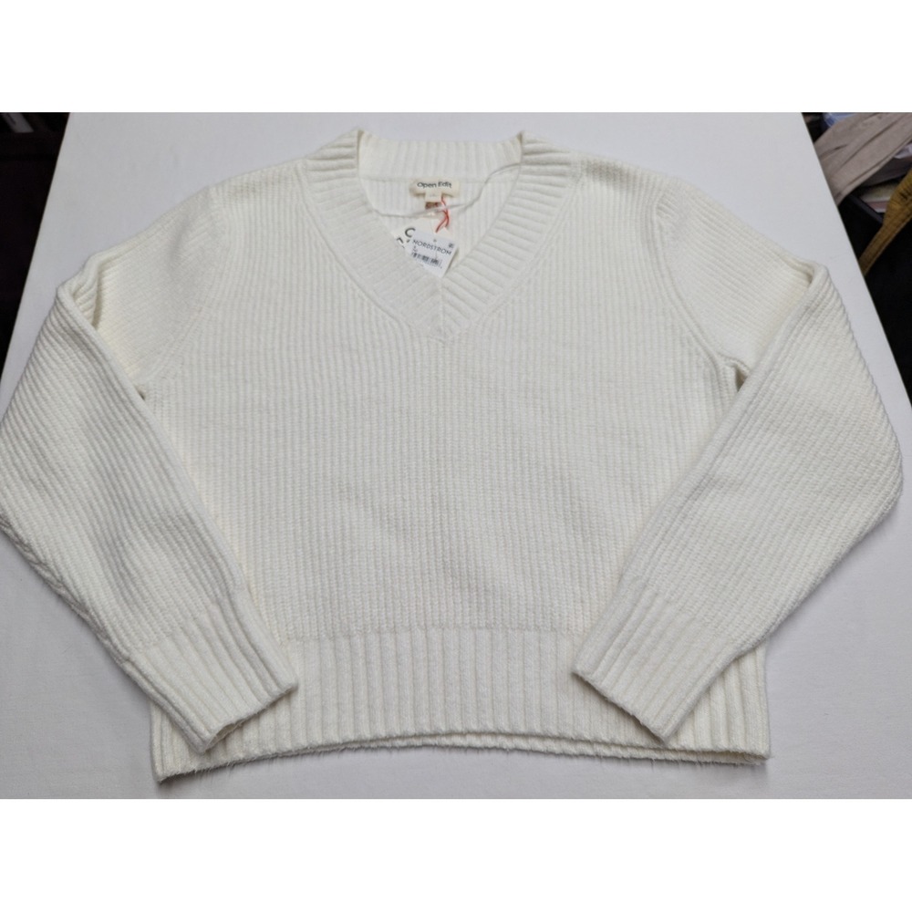 Open Edit Womens Ivory Ribbed V-Neck Sweater Size S New ED518509MI
